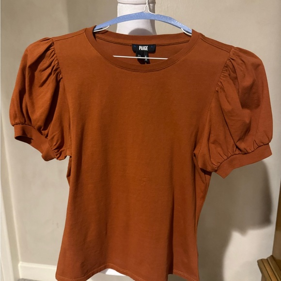PAIGE MATCHA TEE IN TERRACOTTA - Short Sleeve Puff Top - Warm Brown Sz:XS - Picture 11 of 11